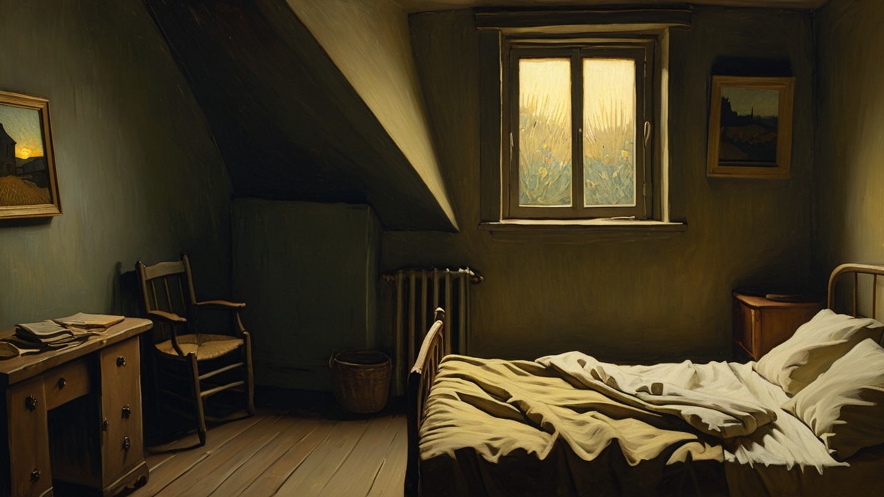 Cozy Dimly Lit Bedroom with Unmade Bed and Desk