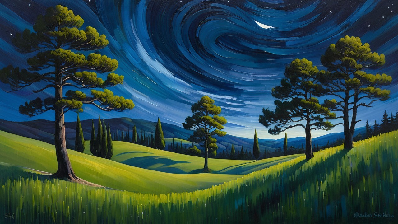 Serene Landscape with Rolling Hills and Starry Sky