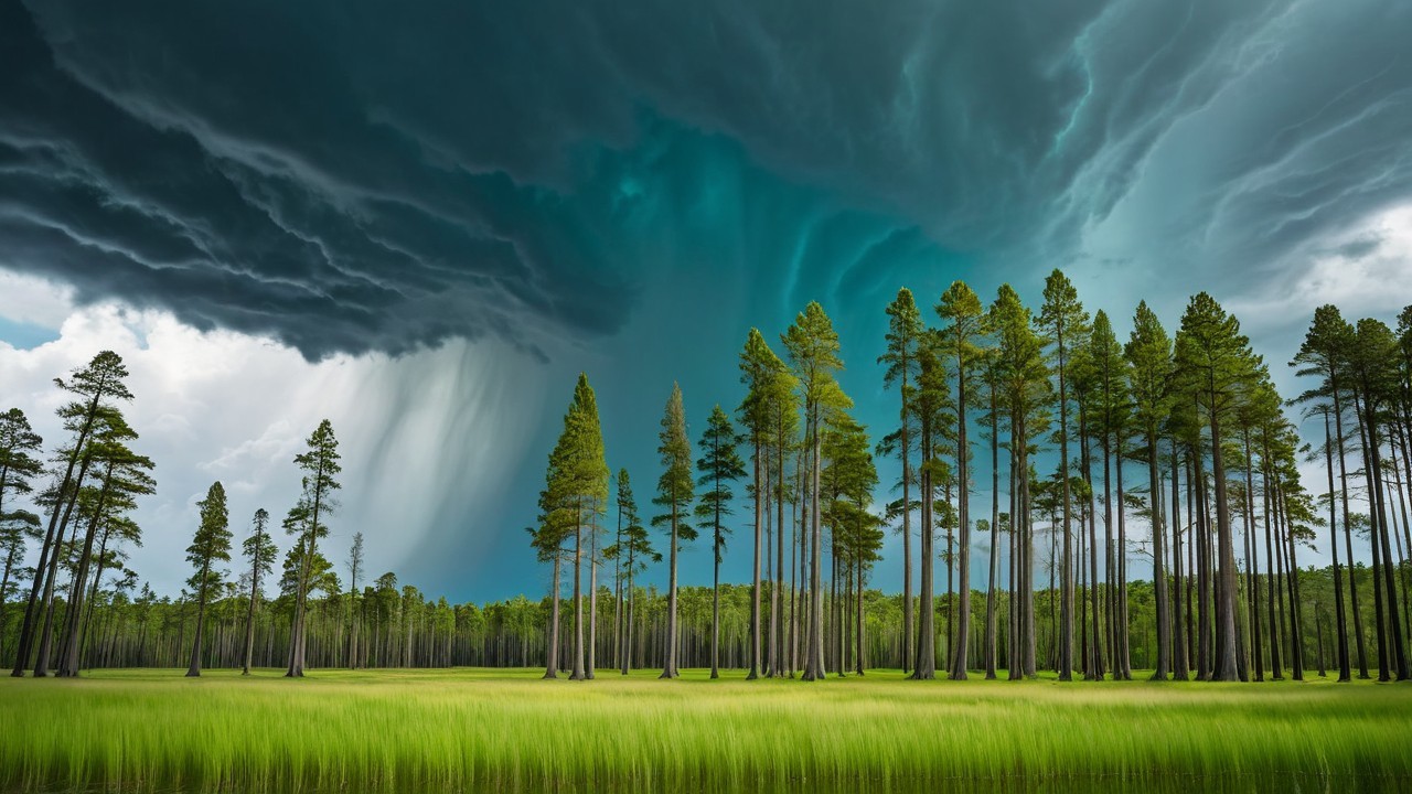 Dramatic Landscape of Pine Trees and Storm Clouds