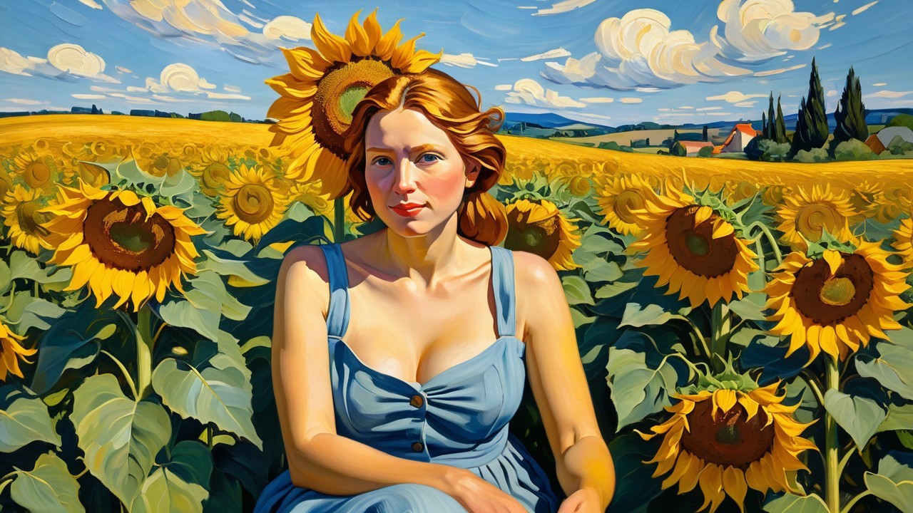 Woman in Blue Dress Surrounded by Sunflowers