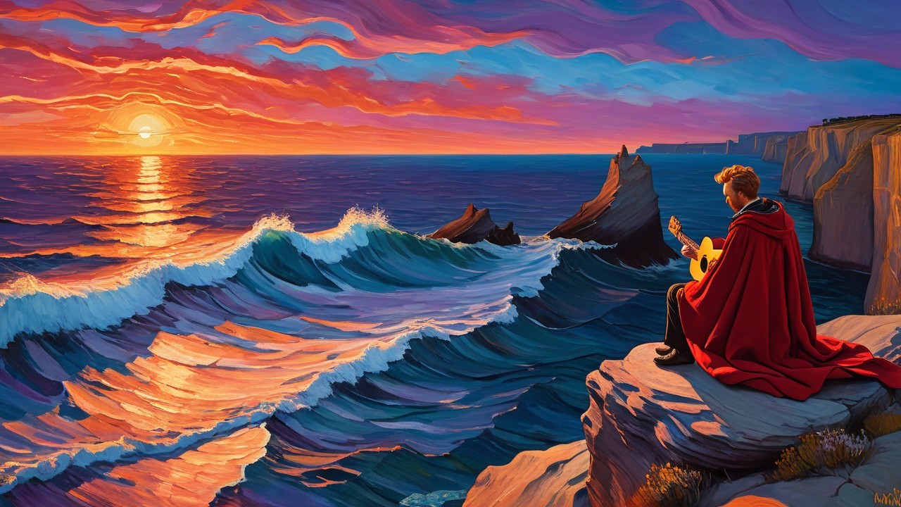 Cloaked Figure Overlooks Ocean at Sunset with Guitar