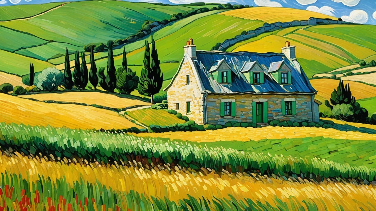 Stone Cottage Surrounded by Fields and Cypress Trees