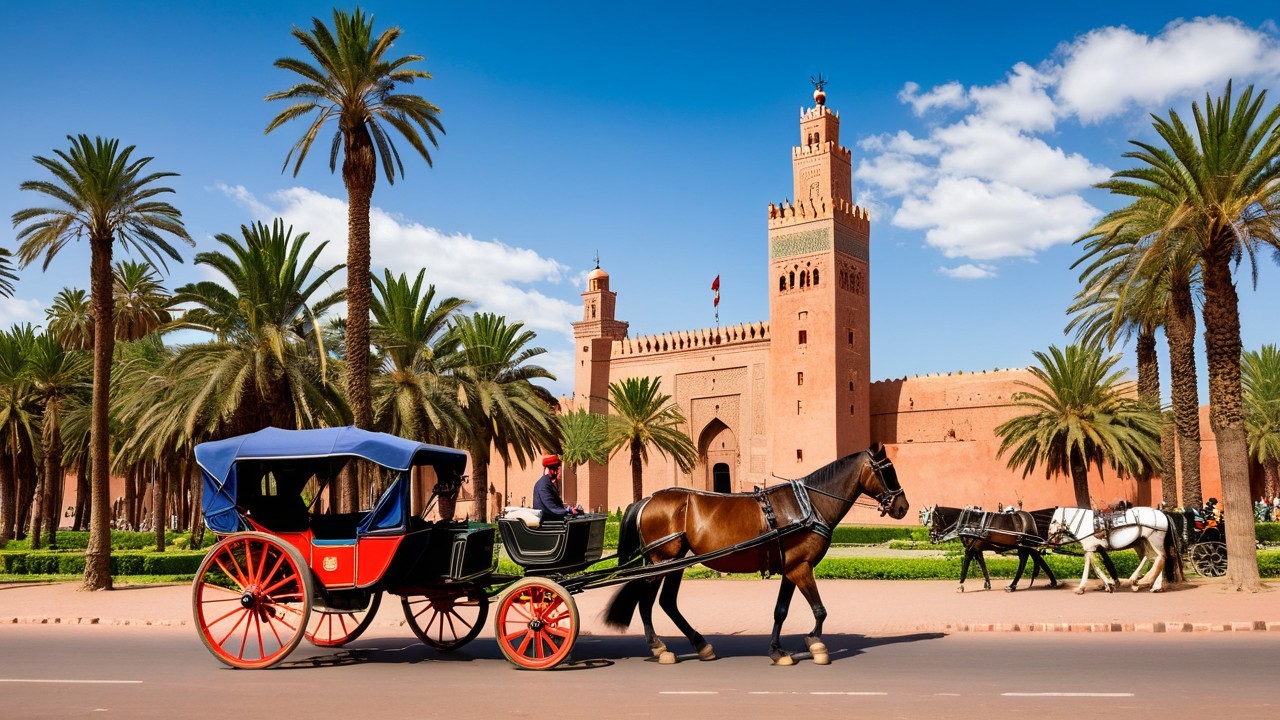 Horse-Drawn Carriage Near Moroccan Red Stone Palace