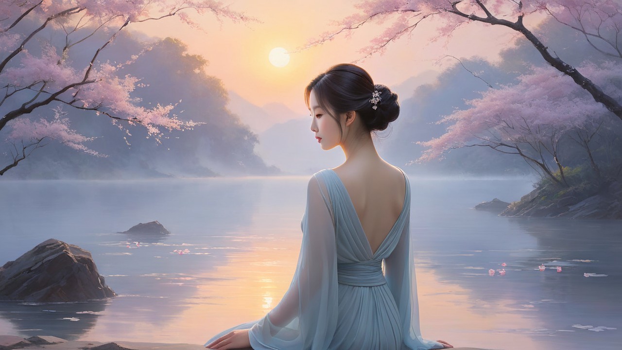 Serene Sunrise Scene by a Tranquil Lake with Blossoms