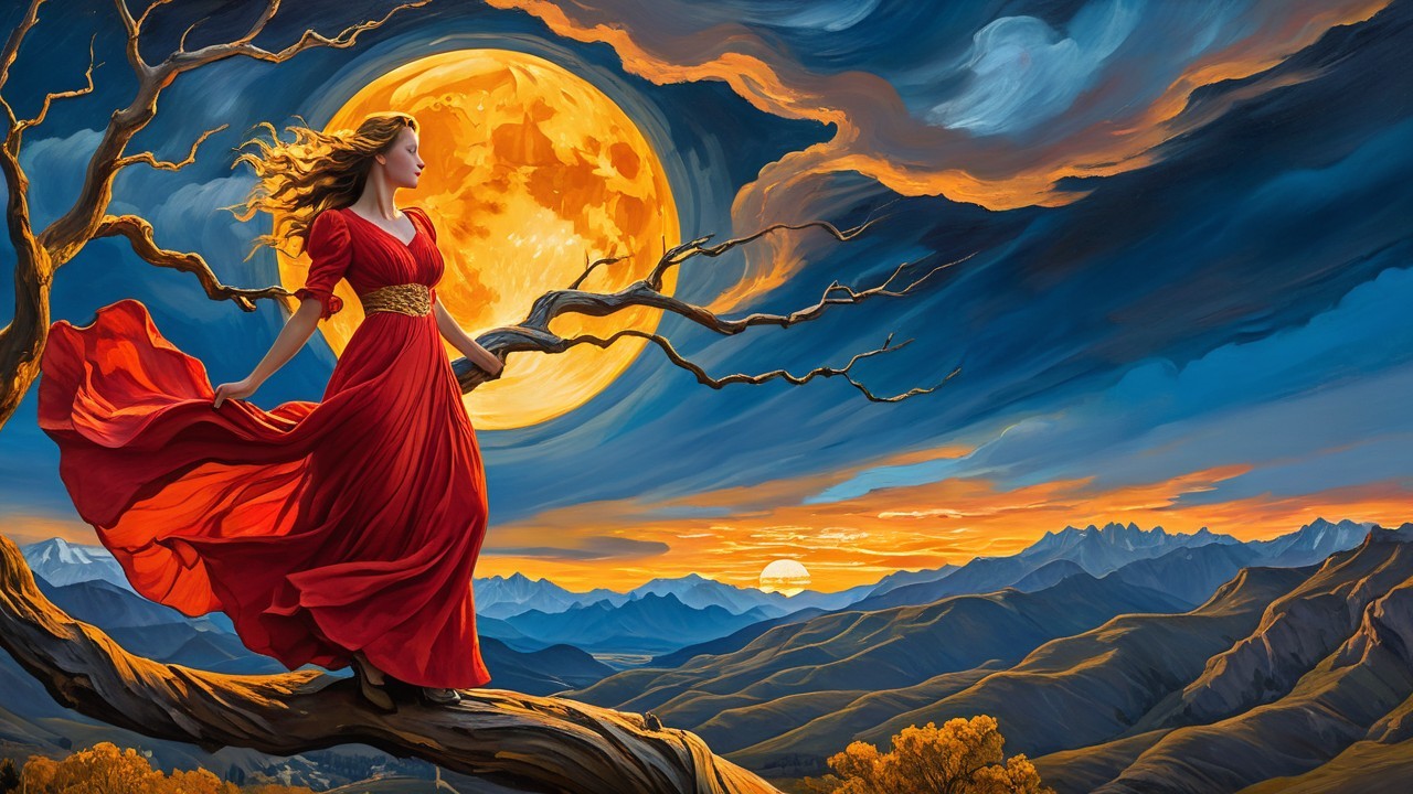 Woman in Red Dress Under Luminous Full Moon