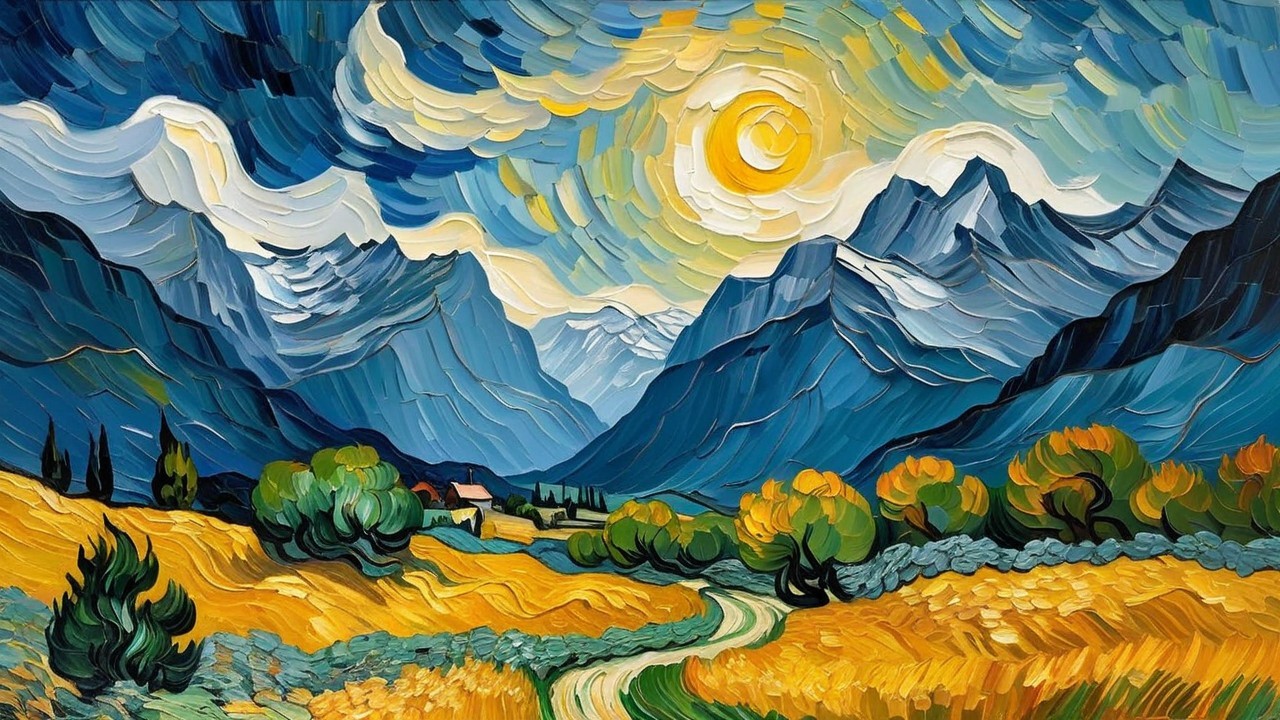 Vibrant Landscape with Dramatic Sky and Mountains