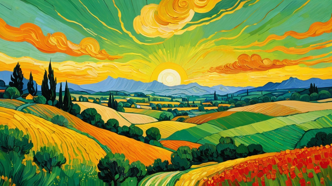 Vibrant Countryside Landscape with Rolling Hills and Farms