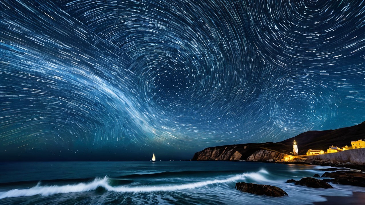 Night Sky with Stars Over a Coastal Village and Waves