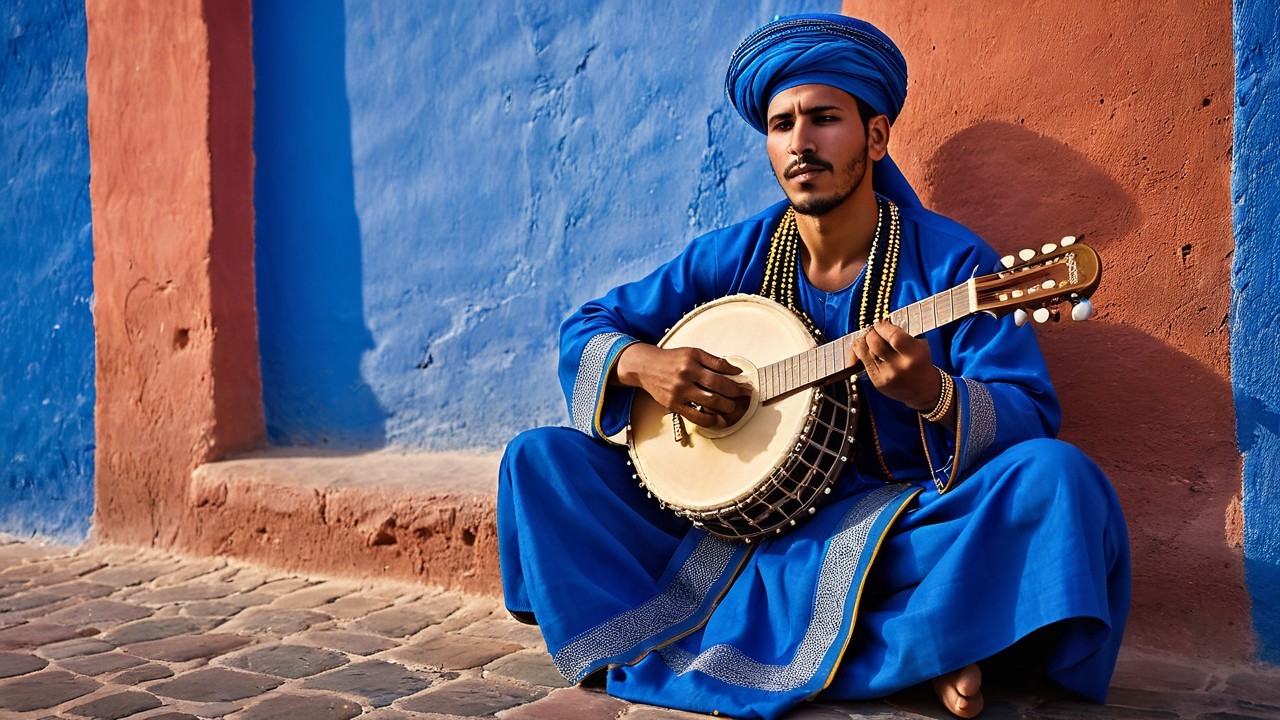 Young Musician Playing String Instrument by Blue Wall