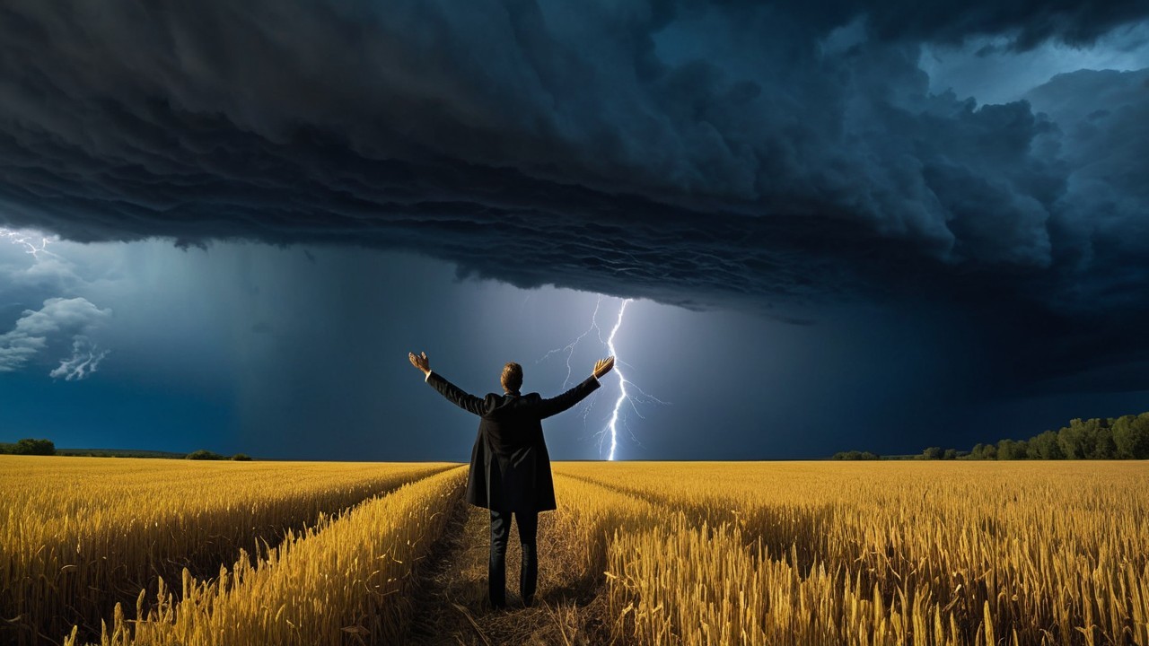 Figure in Wheat Field Under Stormy Sky with Lightning