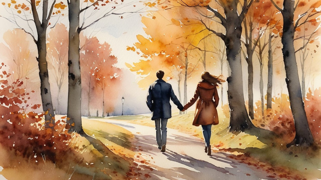 Couple Walking Through Vibrant Autumn Foliage Path
