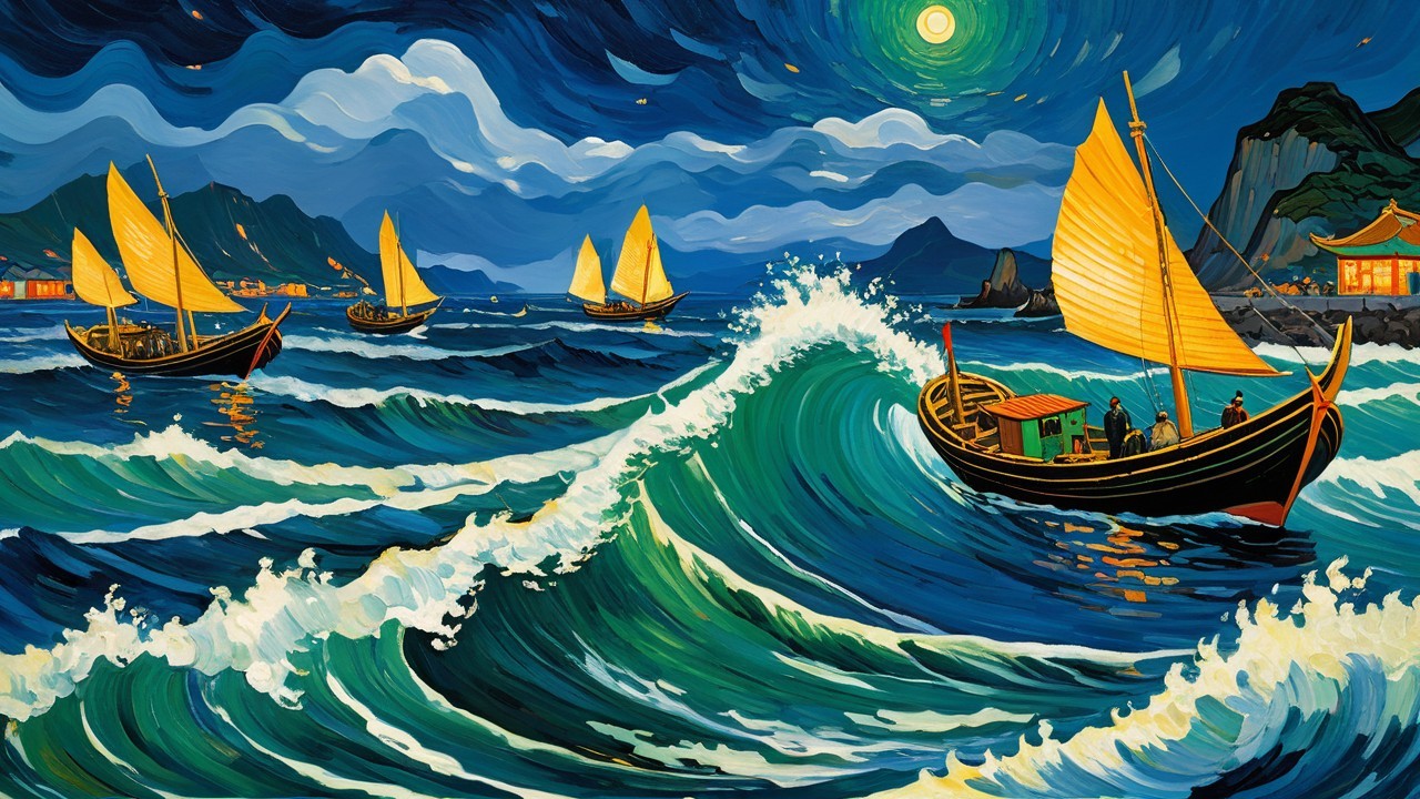 Chinese Junks Navigating Rough Dark Waves with Mountains