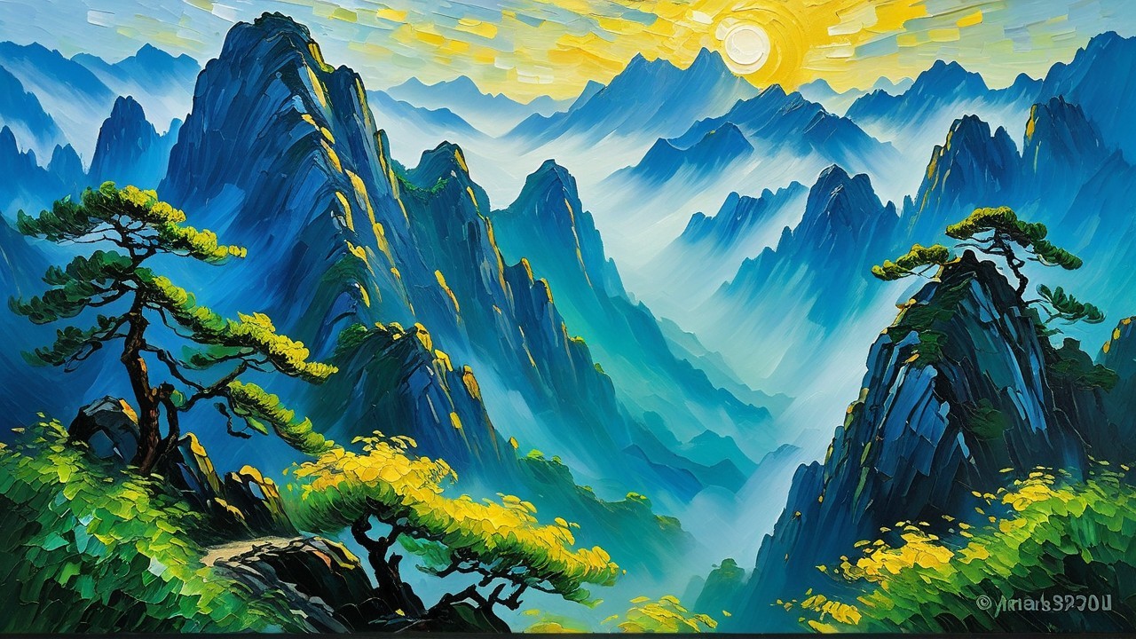 Vibrant Oil Painting of Mountains Under Yellow Sky