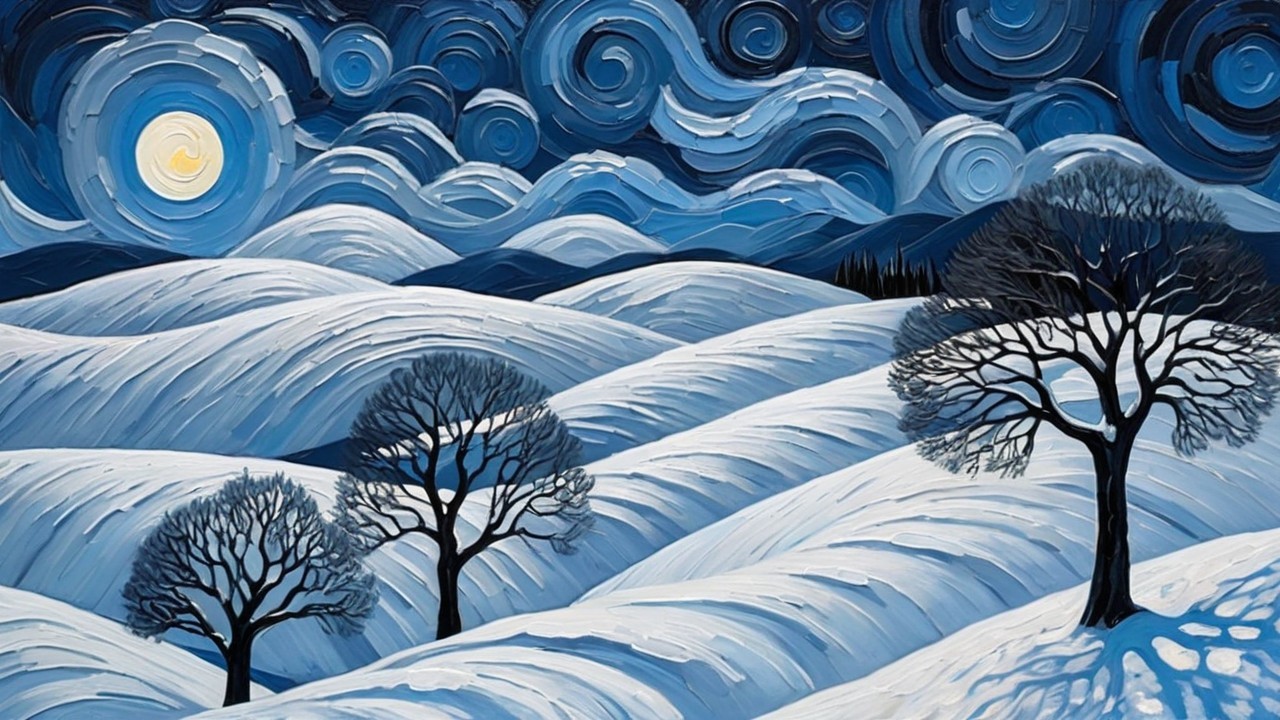 Serene Winter Landscape with Snowy Hills and Stars