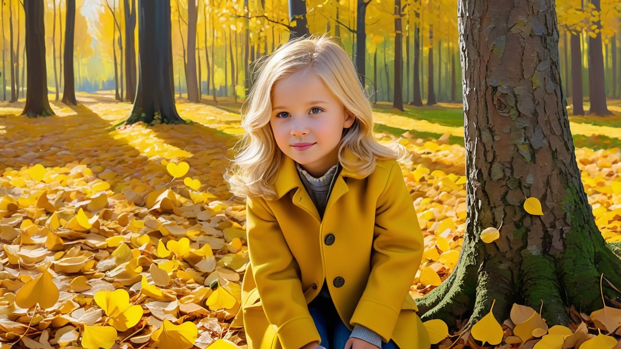 Young girl in yellow coat in autumn forest scene