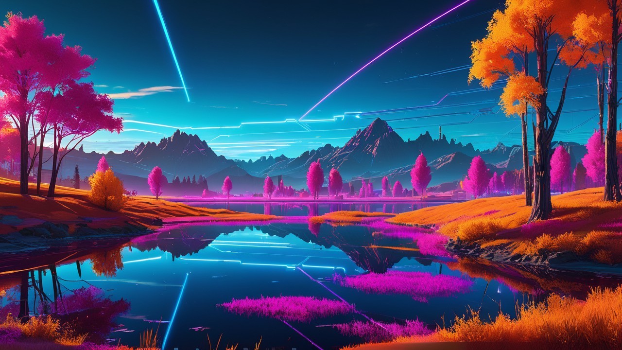 Surreal landscape with vibrant trees and tranquil lake