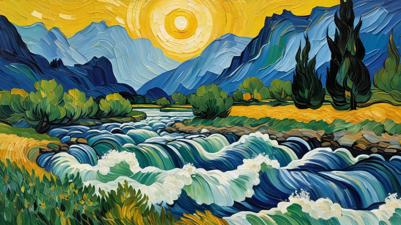 Impressionistic Abstract Painting of a River Landscape