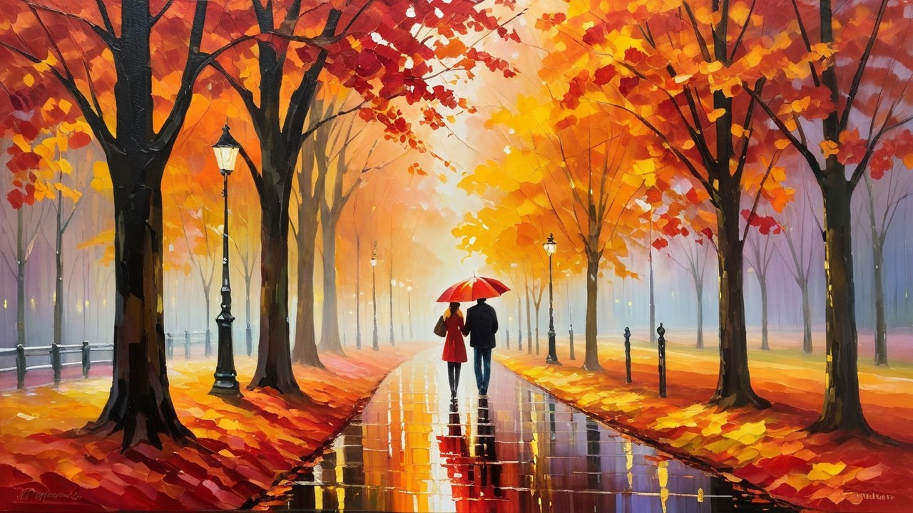 Romantic Autumn Walk Under a Red Umbrella