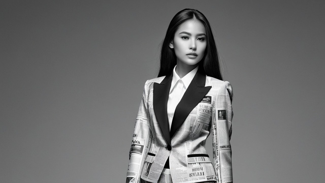 Stylish Blazer with Newspaper Clippings and Black Lapel