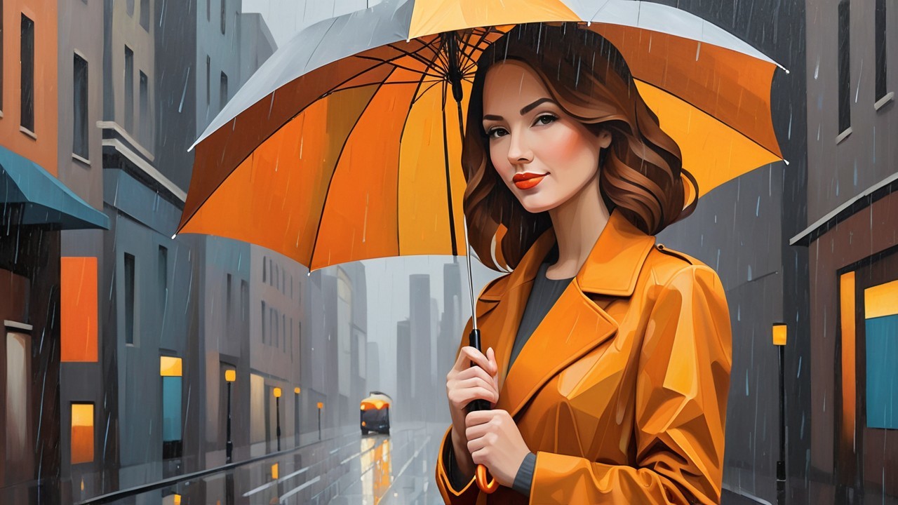 Woman in orange coat with umbrella in rainy city