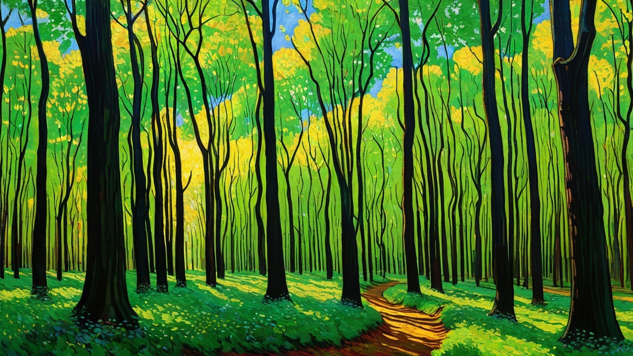 Lush Forest Scene with Vibrant Greenery and Sunlight