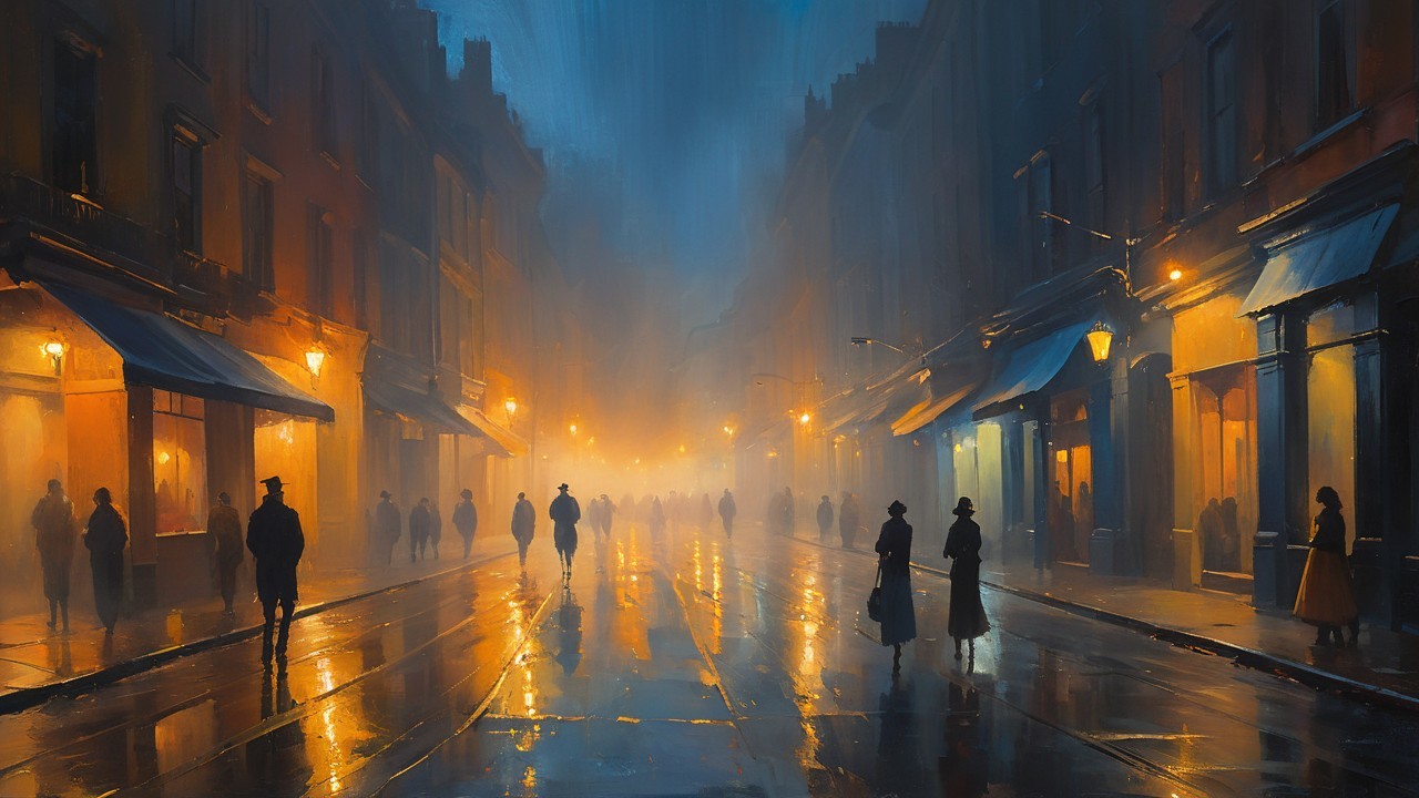 Atmospheric Dusk Street Scene with Vintage Figures