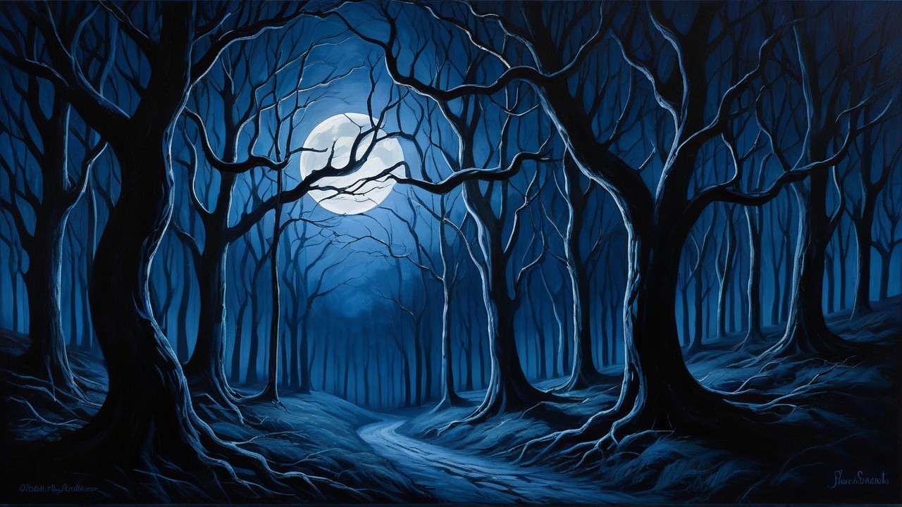 Moonlit Forest with Tall Trees and Winding Path