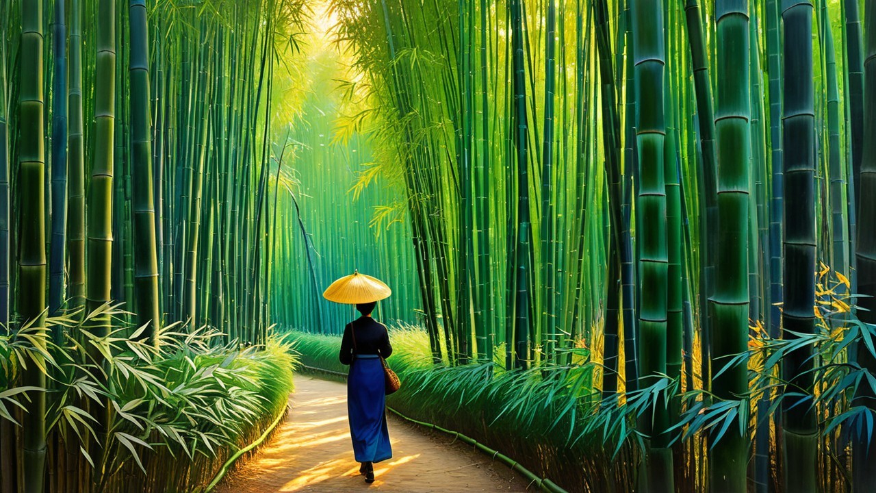Person Walking on Sunlit Path in Bamboo Forest