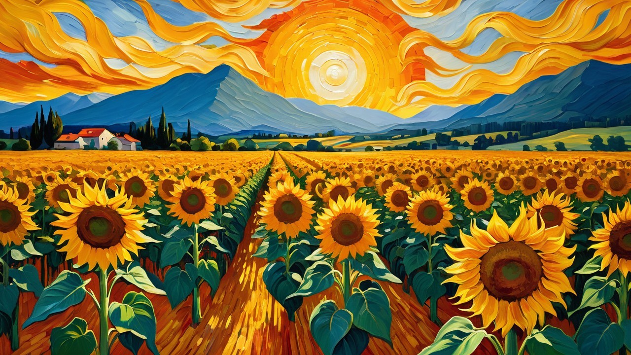 Blooming Sunflowers Against a Colorful Sunset Landscape