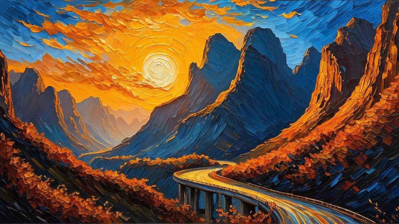 Impressionistic Oil Painting of Mountain Landscape at Sunset