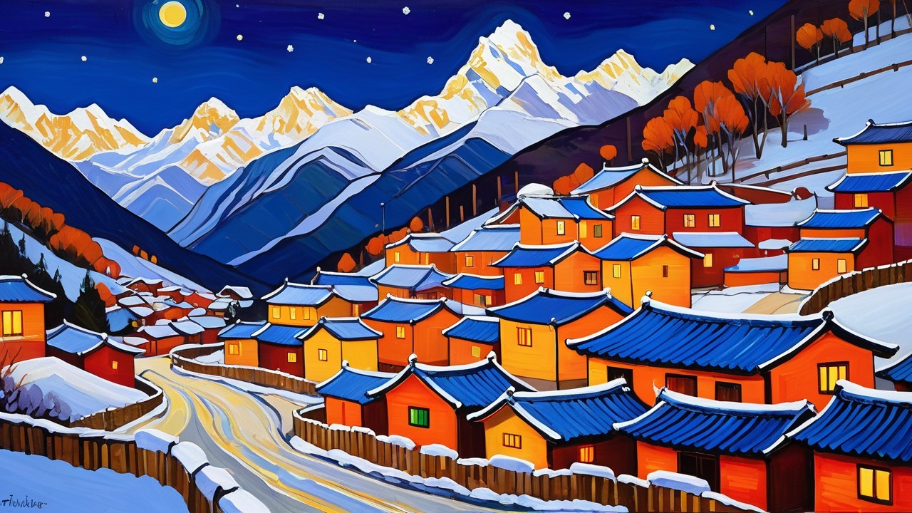 Vibrant painting of a snow-covered village at night