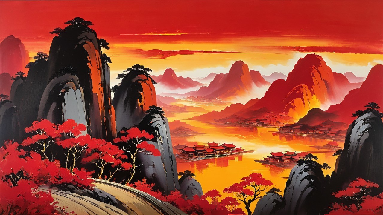 Hyper-realistic illustration of an oriental sunset landscape
