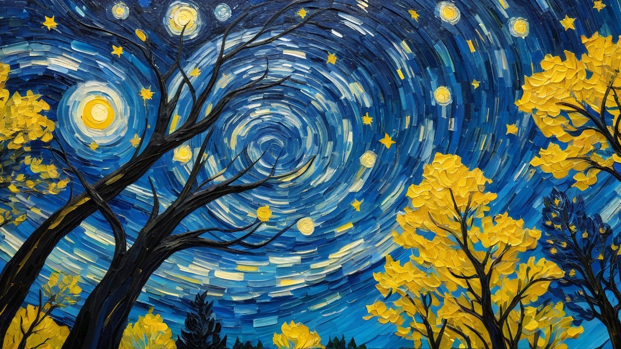 Vibrant Night Sky with Stars and Silhouetted Trees