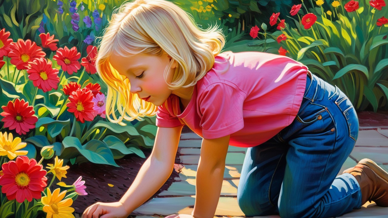 Young girl examines flowers in a colorful garden