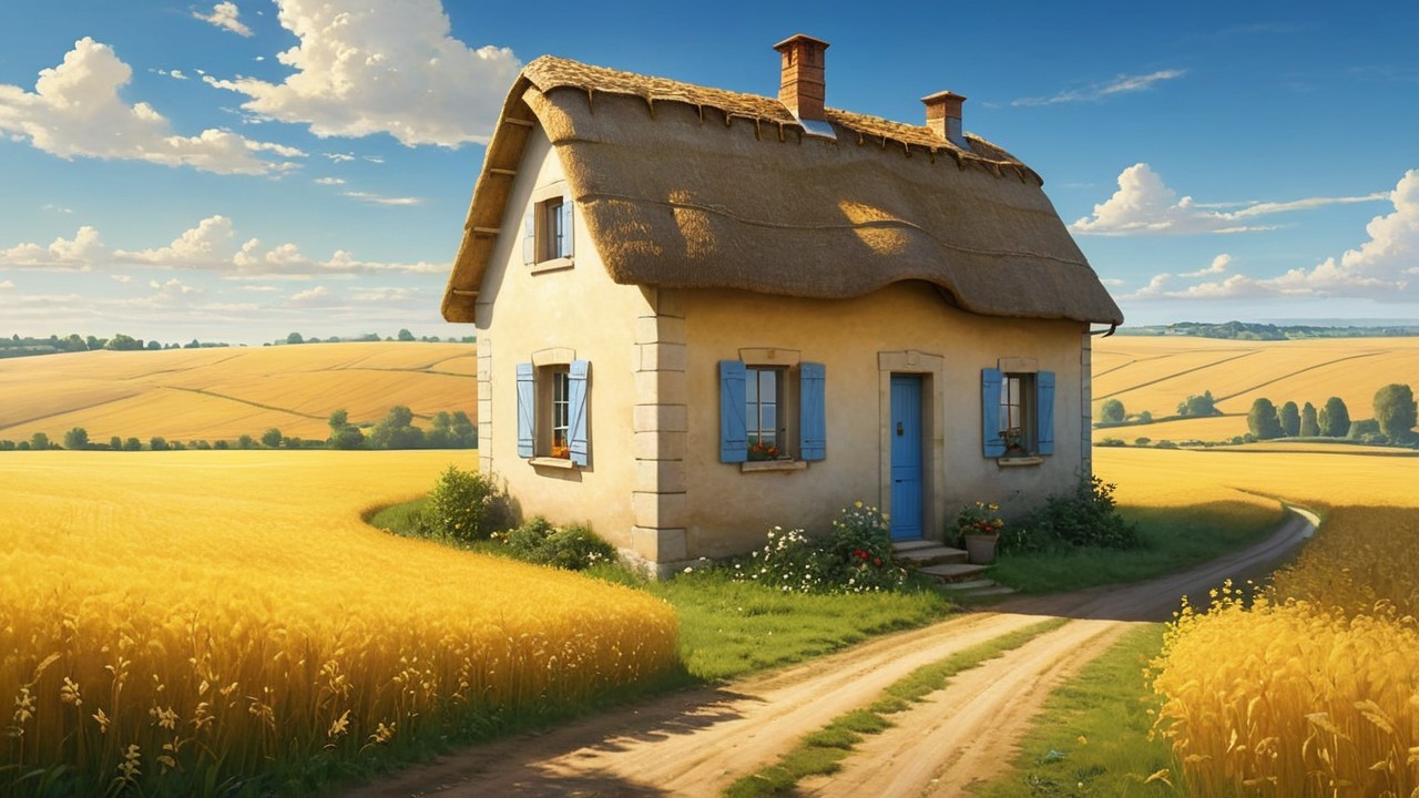 Charming Cottage Surrounded by Wheat Fields and Flowers