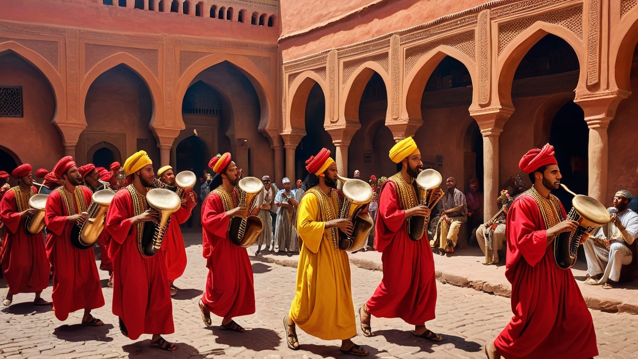 Vibrant Procession in Historic Courtyard with Musicians