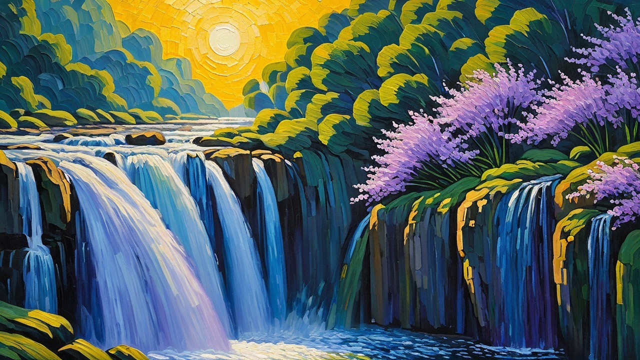 Impressionistic Painting of a Vibrant Waterfall Scene