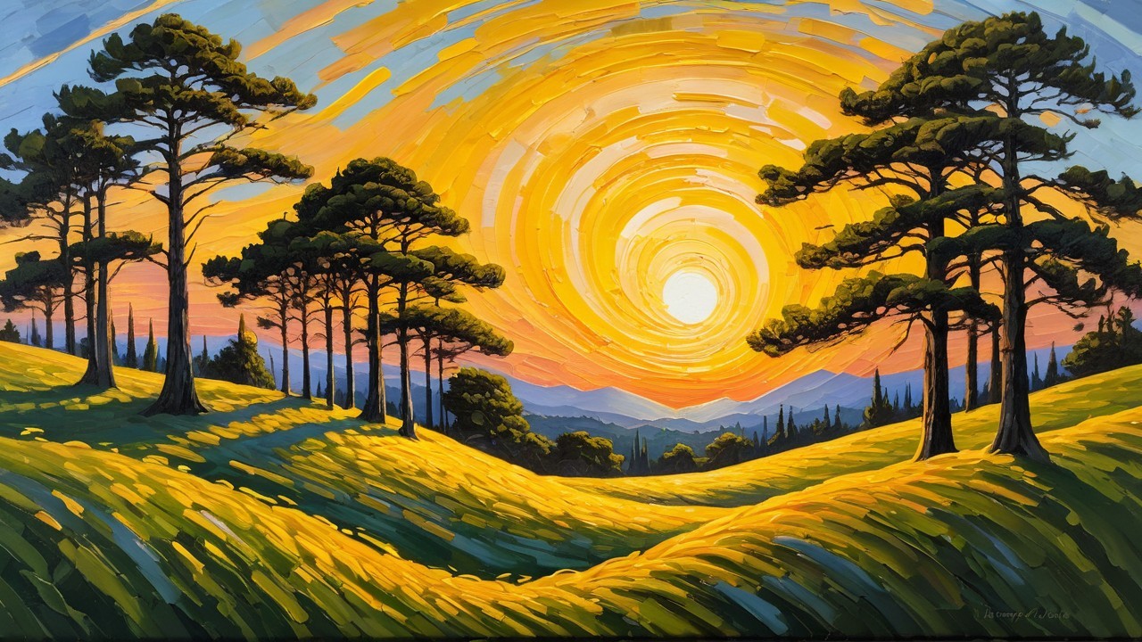 Vibrant Landscape with Sunset and Rolling Hills