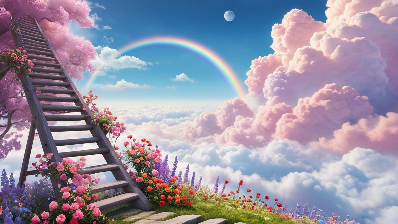 Whimsical Stairway to Vibrant Clouds and Rainbow