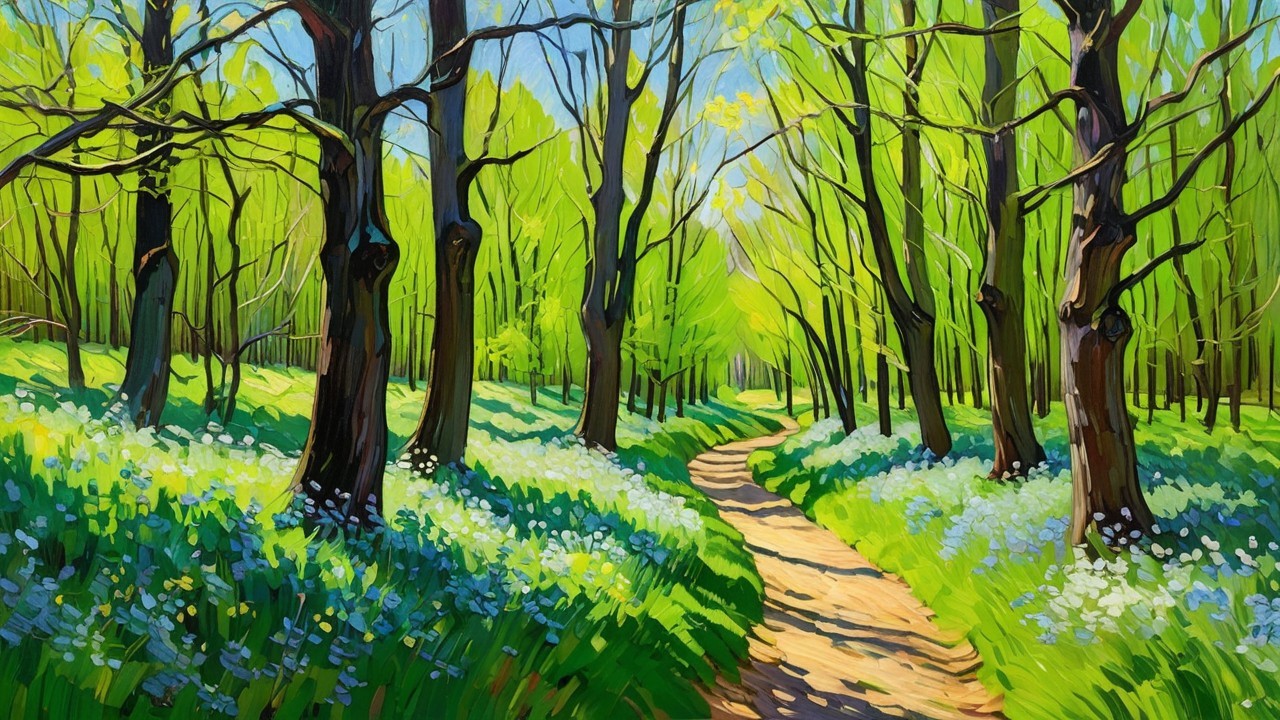 Vibrant Forest with Tall Trees and White Flowers