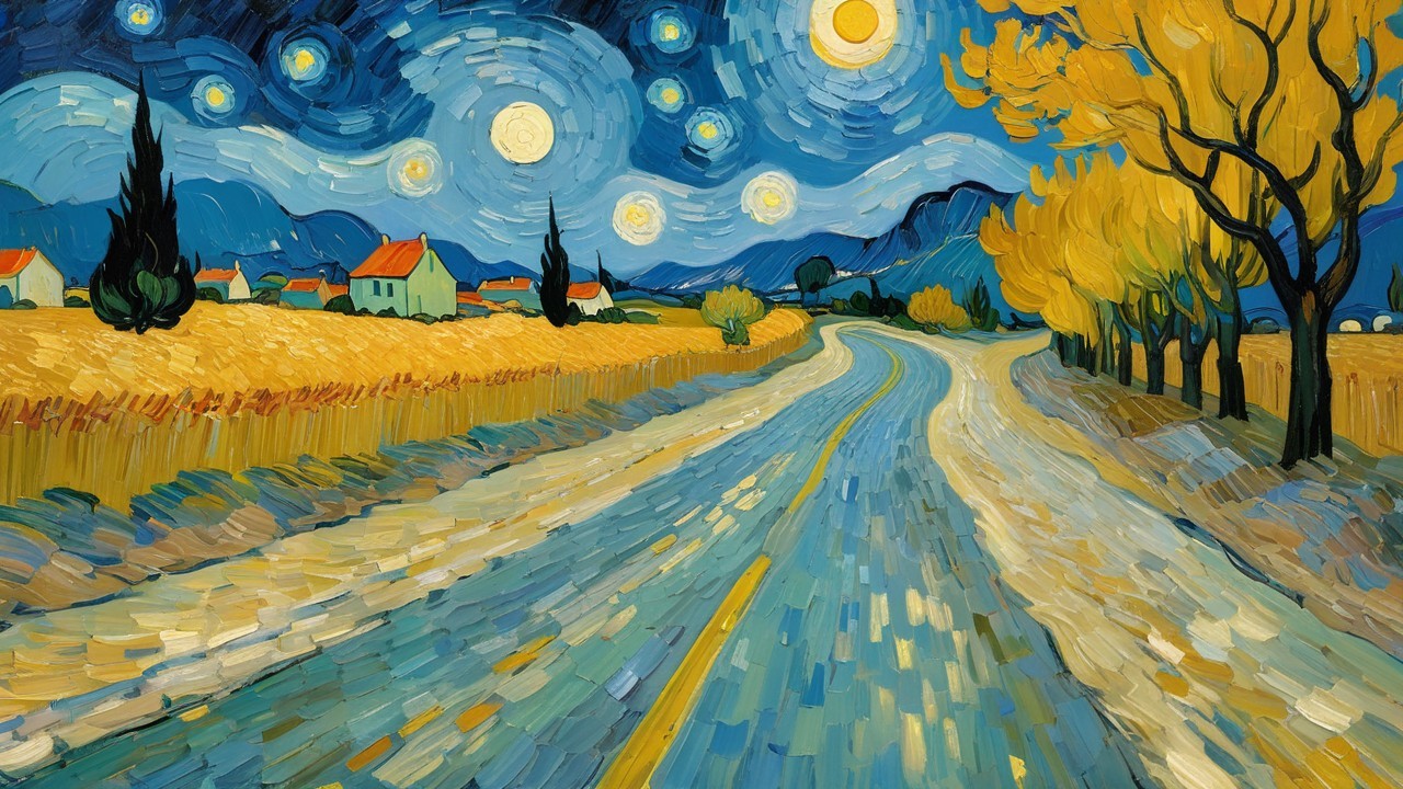 Vibrant Countryside with Winding Road and Celestial Sky