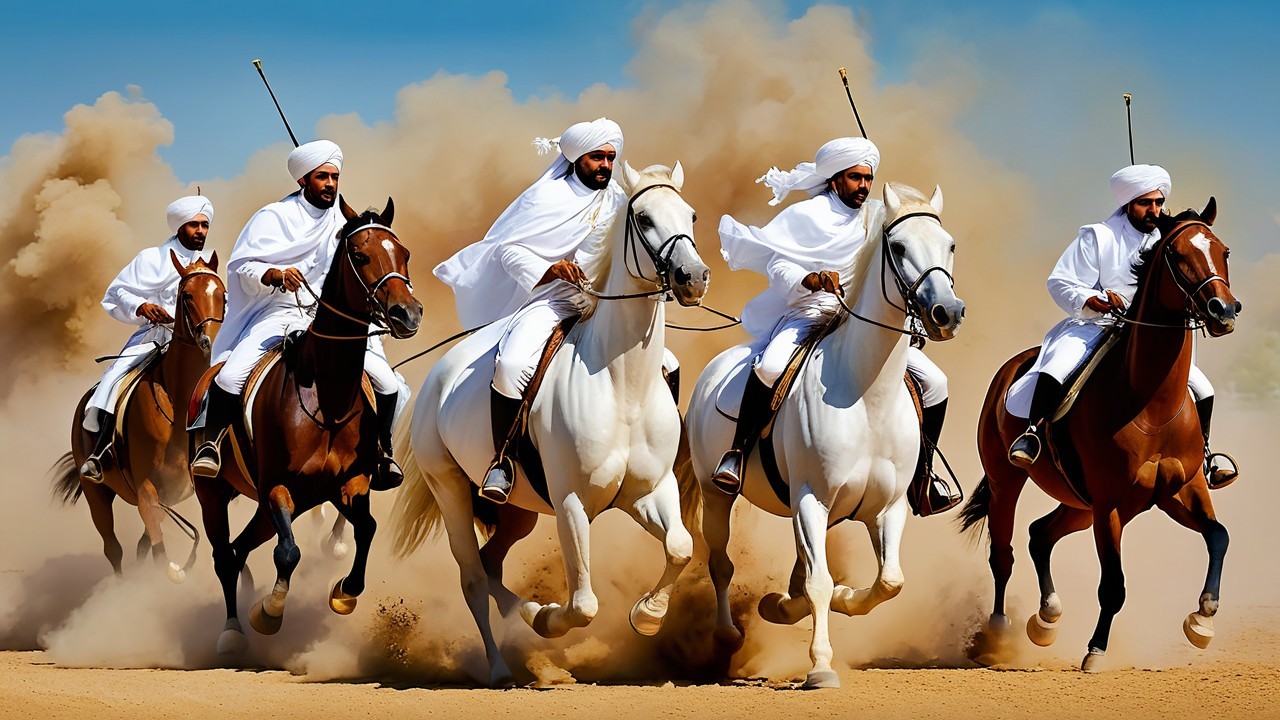 Horsemen in White Garments Riding Across Sandy Landscape