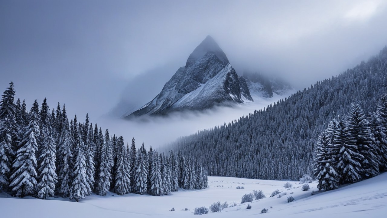 Snow-Covered Mountain in Evergreen Forest Landscape