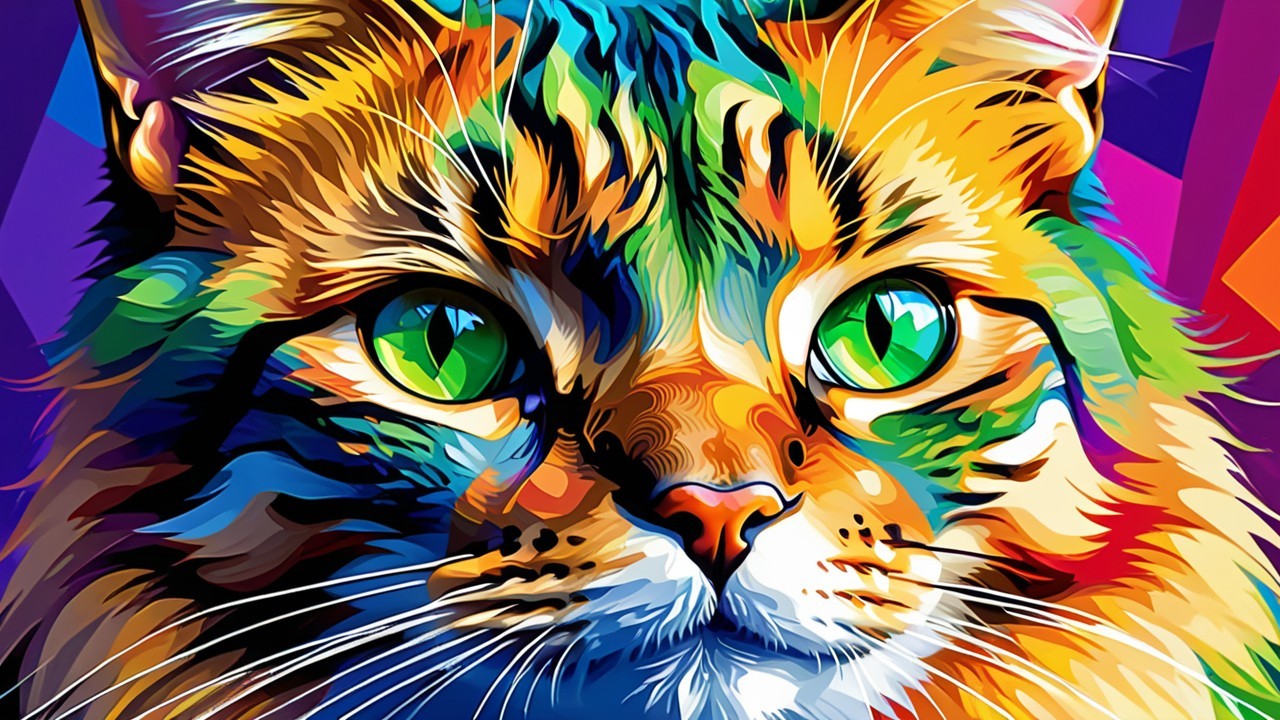 Vibrant Cat Face Illustration with Geometric Background
