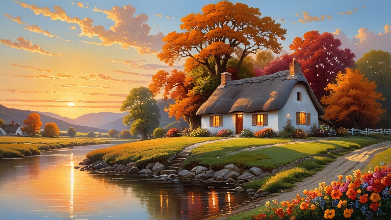 Cottage by River Surrounded by Autumn Trees at Sunset