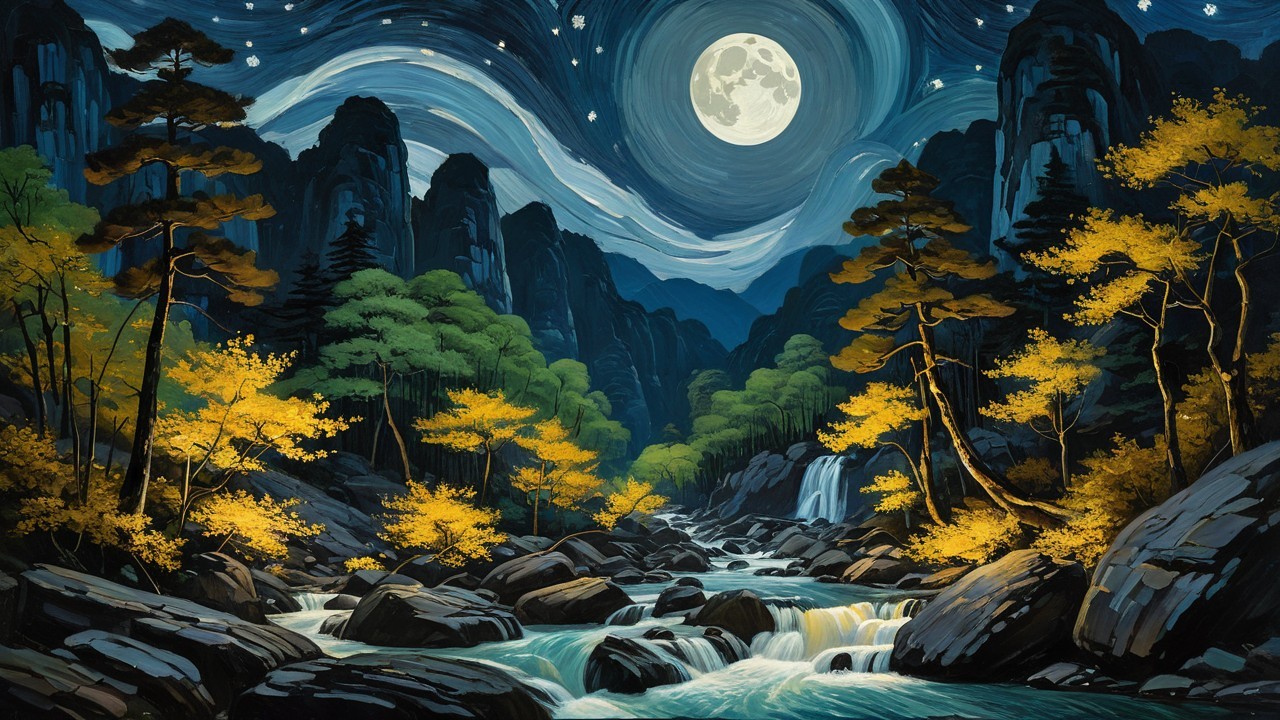 Landscape Painting of Full Moon Over River Canyon