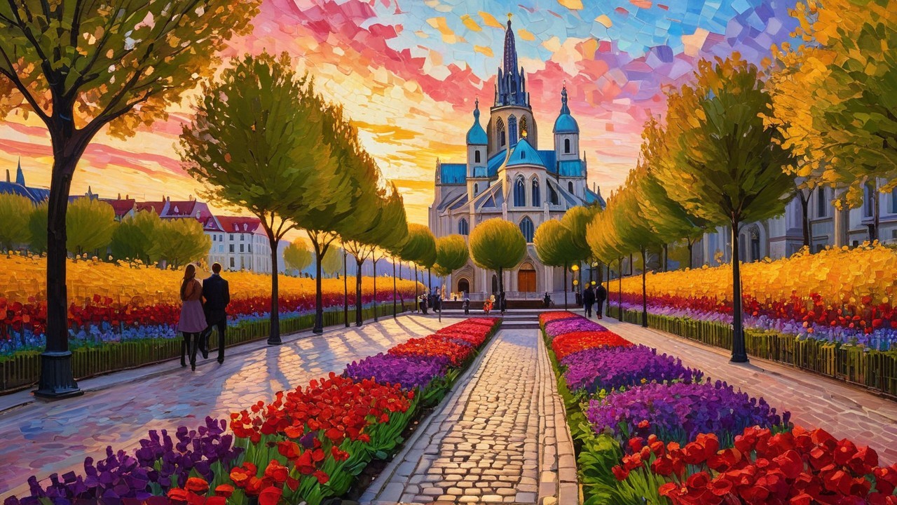 Vibrant Sunset Over Grand Church and Flowerbeds