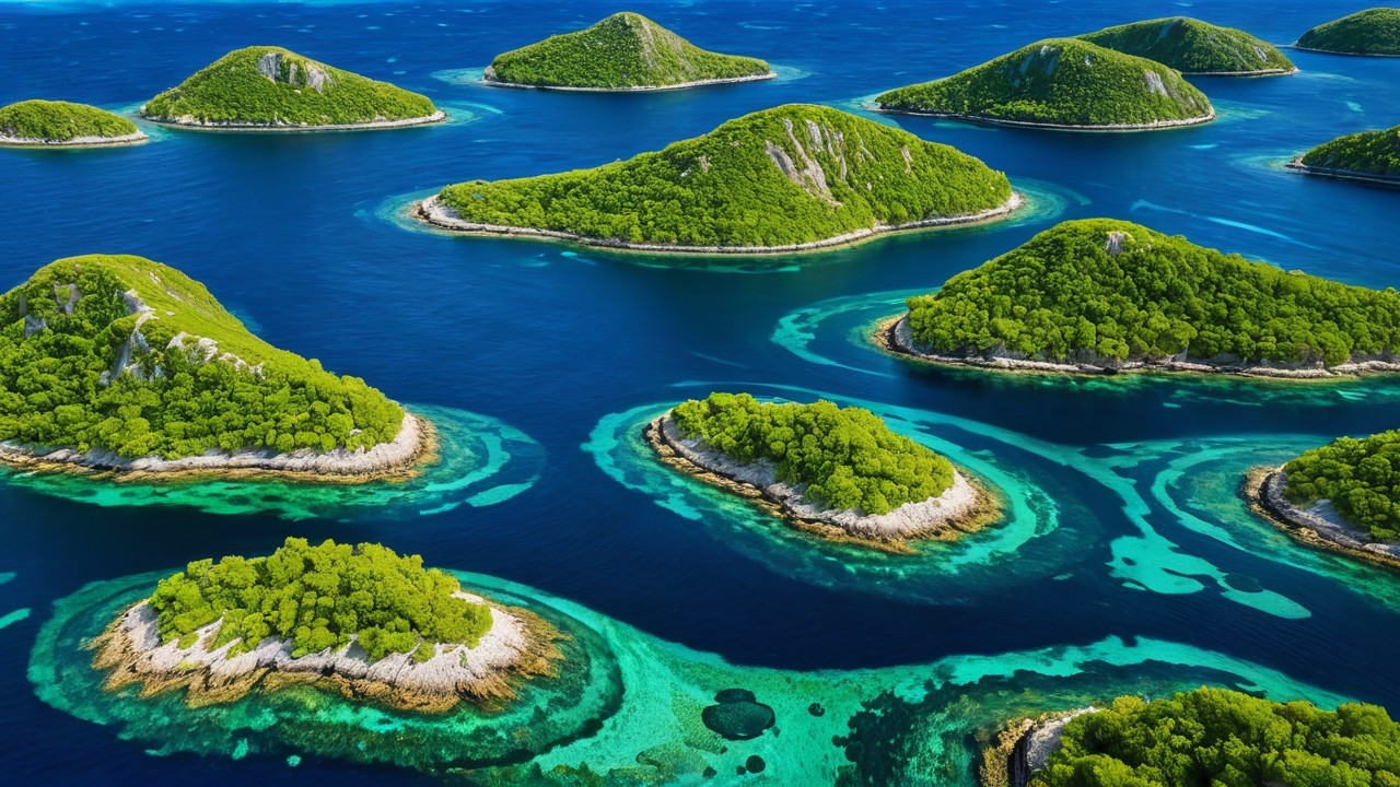 Aerial View of Lush Green Islands and Turquoise Waters