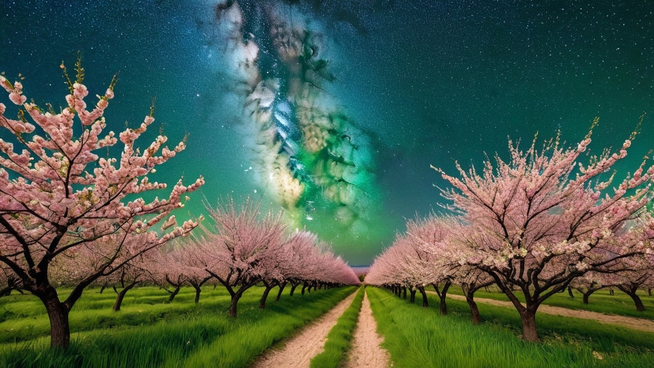 Cherry Blossom Trees Under a Starry Night Sky