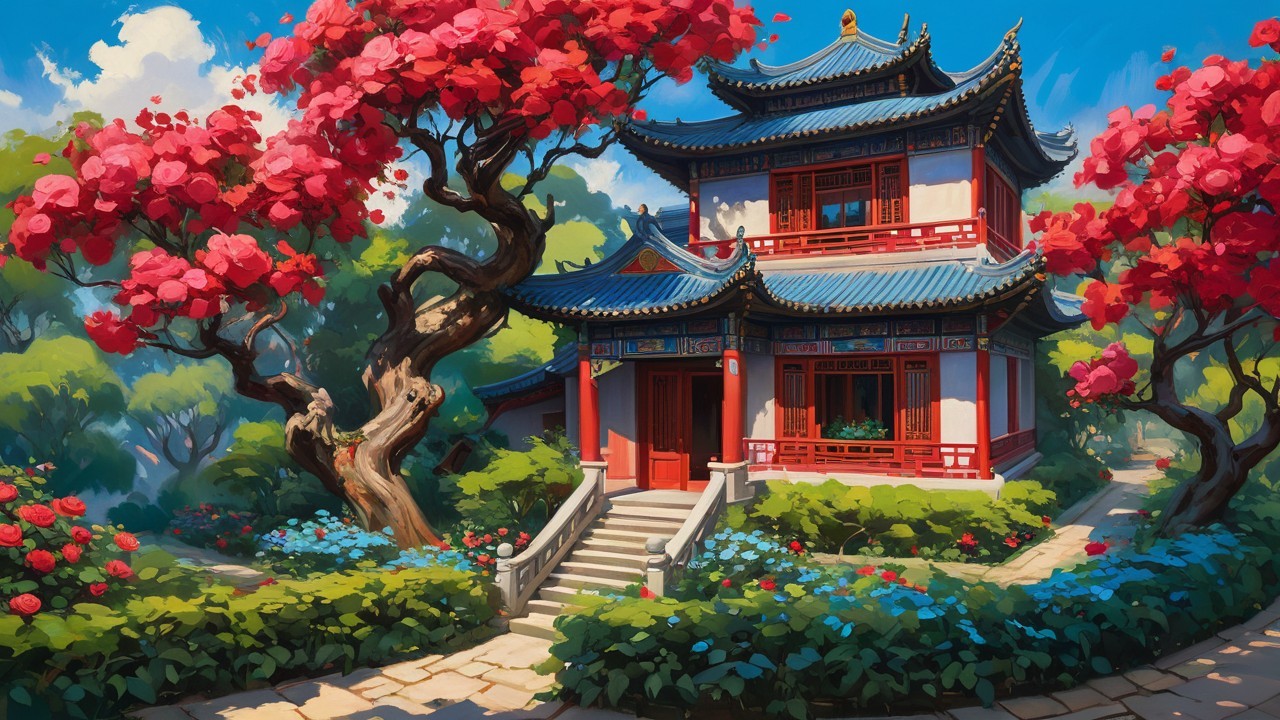 Traditional Asian House Surrounded by Cherry Blossoms